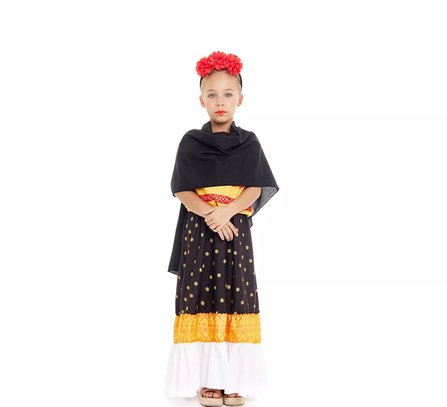 Disfraz de Frida Kahlo amarillo y negro para niña