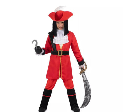 Disfraz de Pirata Garfio rojo con sombrero y peluca para niño