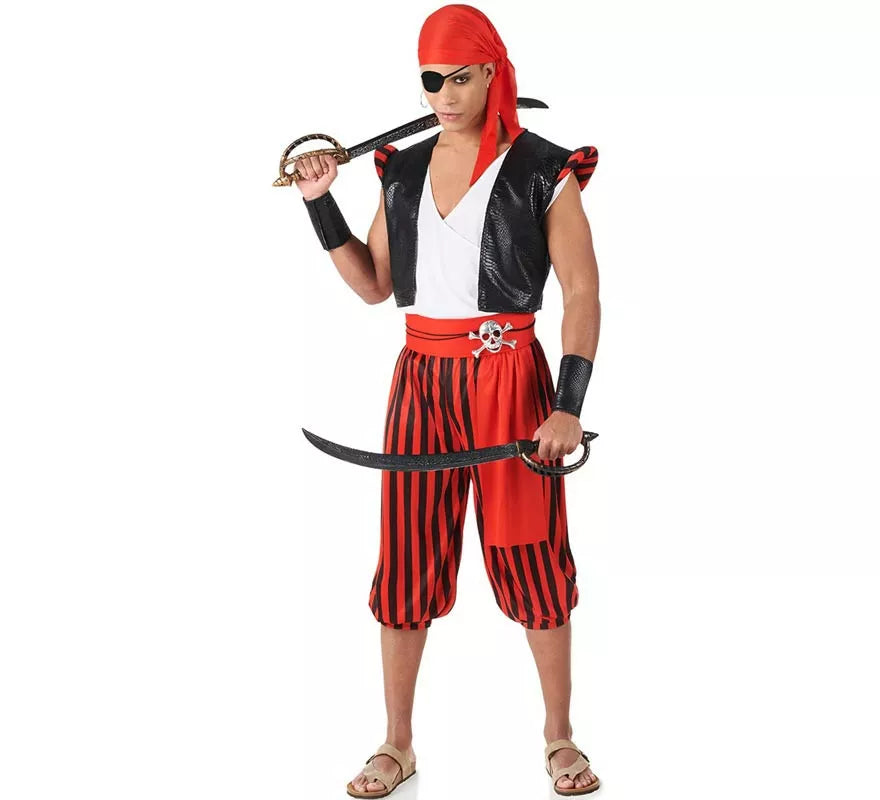 Disfraz de Pirata rojo a rayas para hombre