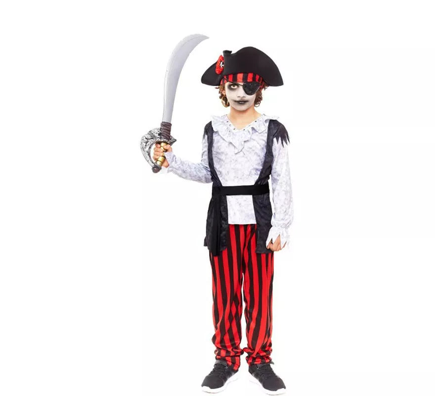 Disfraz de Pirata Zombie blanco a rayas para niño
