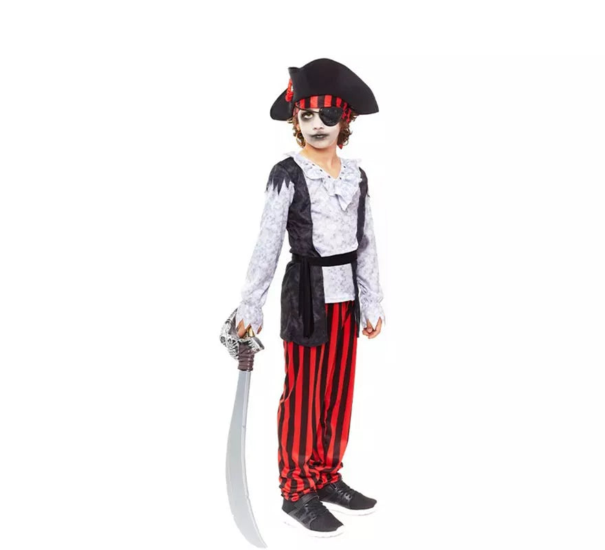 Disfraz de Pirata Zombie blanco a rayas para niño
