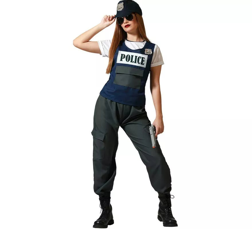Disfraz de Policía negro con gorra para mujer
