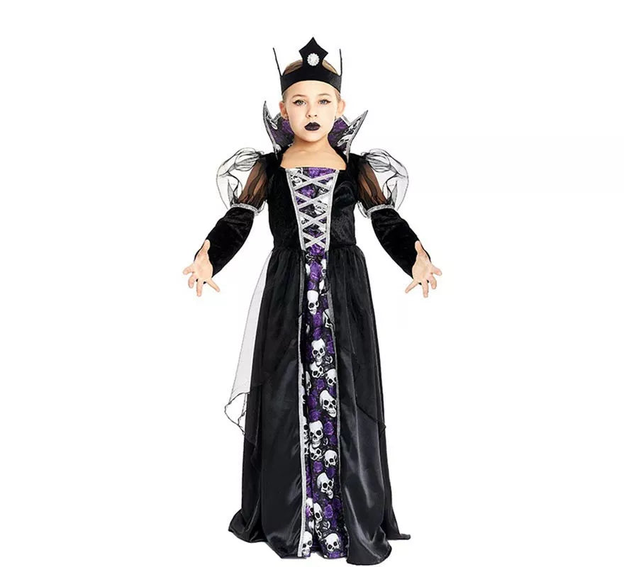 Translation missing: en.Disfraz de Reina Calavera oscura con corona para niña y adolescente