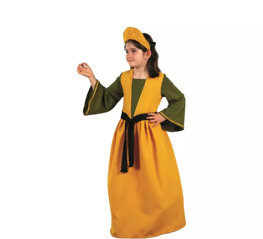 Disfraz de Reina Medieval amarillo y verde para niña