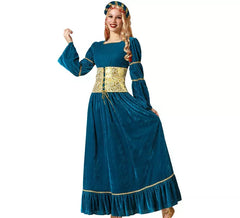 Blue and gold Medieval Queen costume with headdress for women
