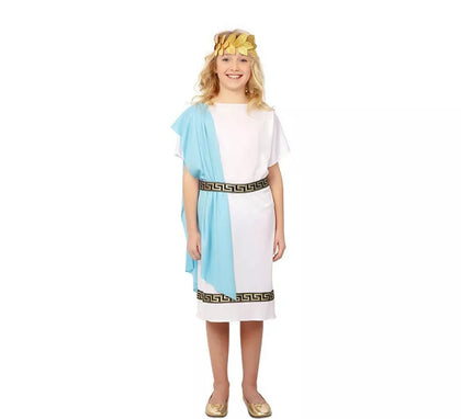 Disfraz de Romana azul y blanco con tocado para niña
