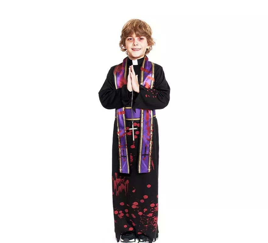Disfraz de Sacerdote Sangriento negro con estola para niño