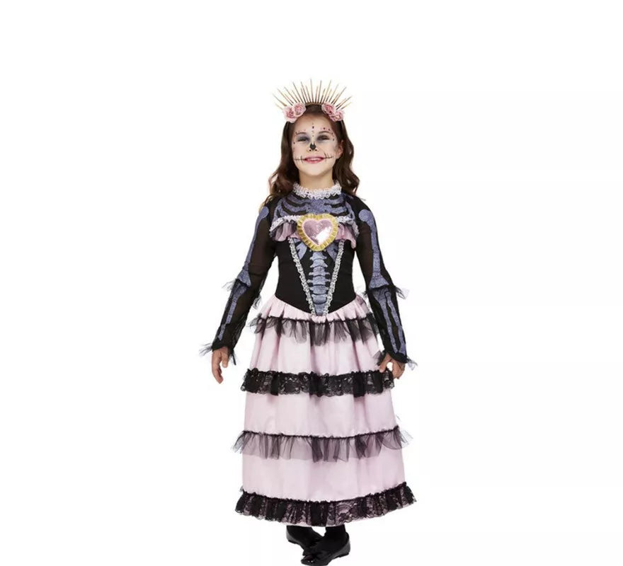 Disfraz de Señorita del Día de Muertos negro y rosa para niña