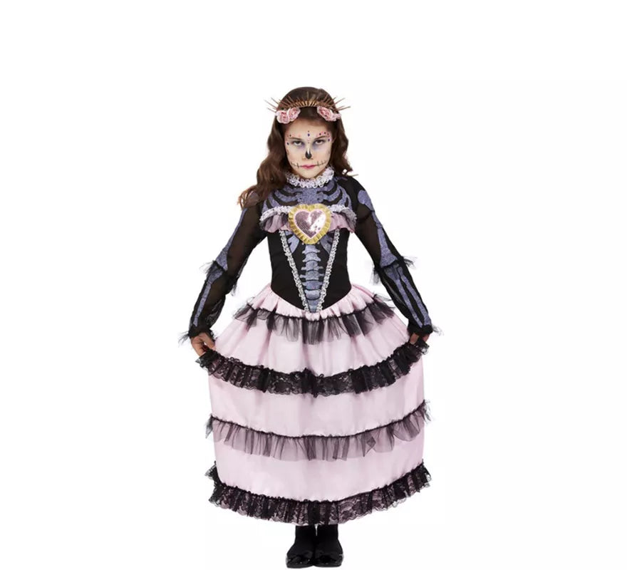 Disfraz de Señorita del Día de Muertos negro y rosa para niña
