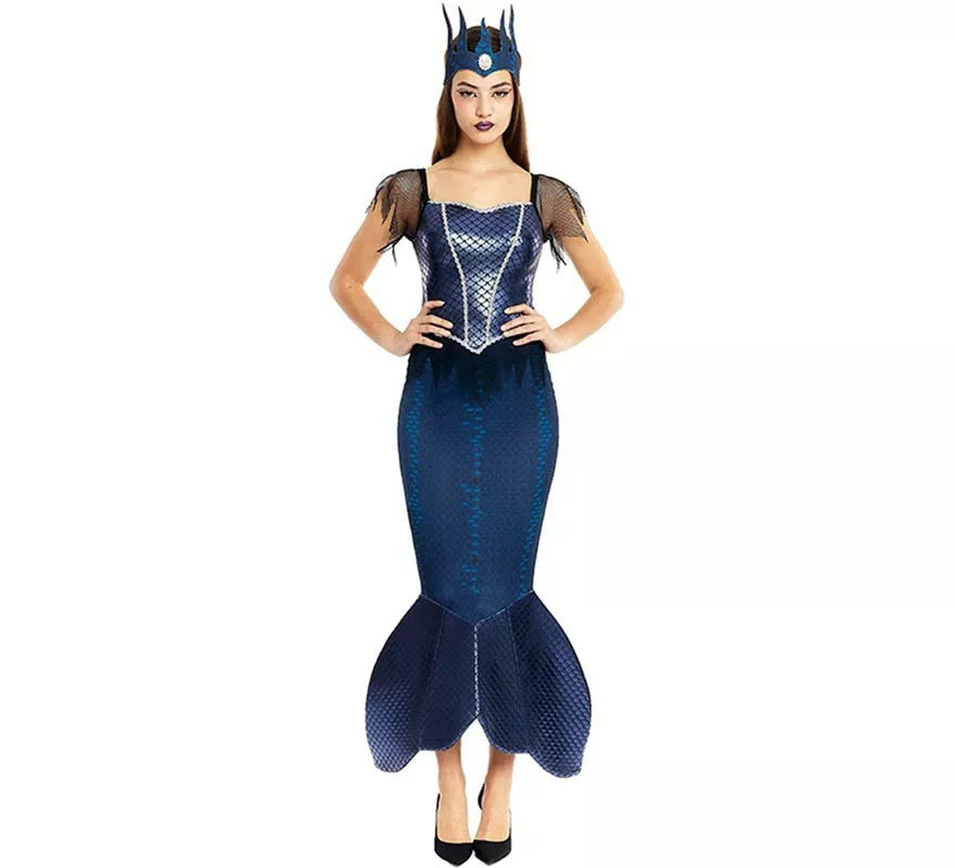 Disfraz de Sirena Malvada azul con corona para mujer