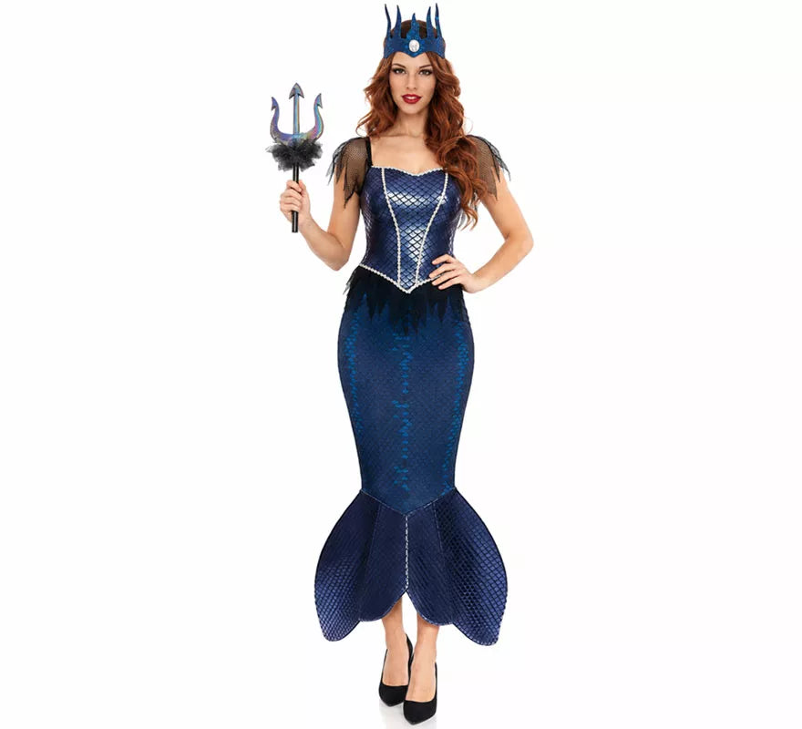 Disfraz de Sirena Malvada azul con corona para mujer