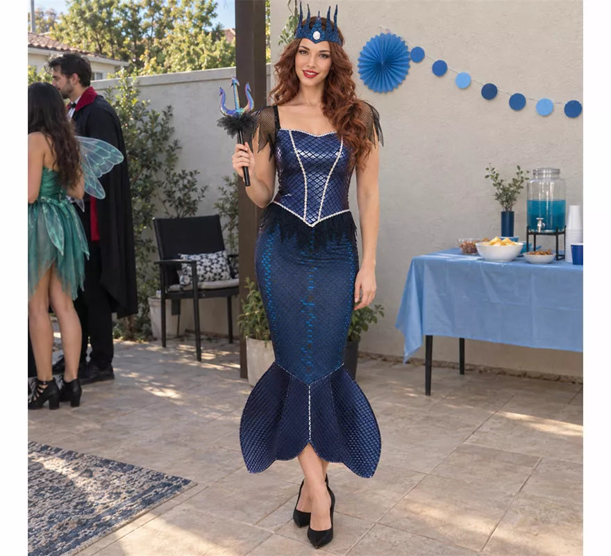 Disfraz de Sirena Malvada azul con corona para mujer