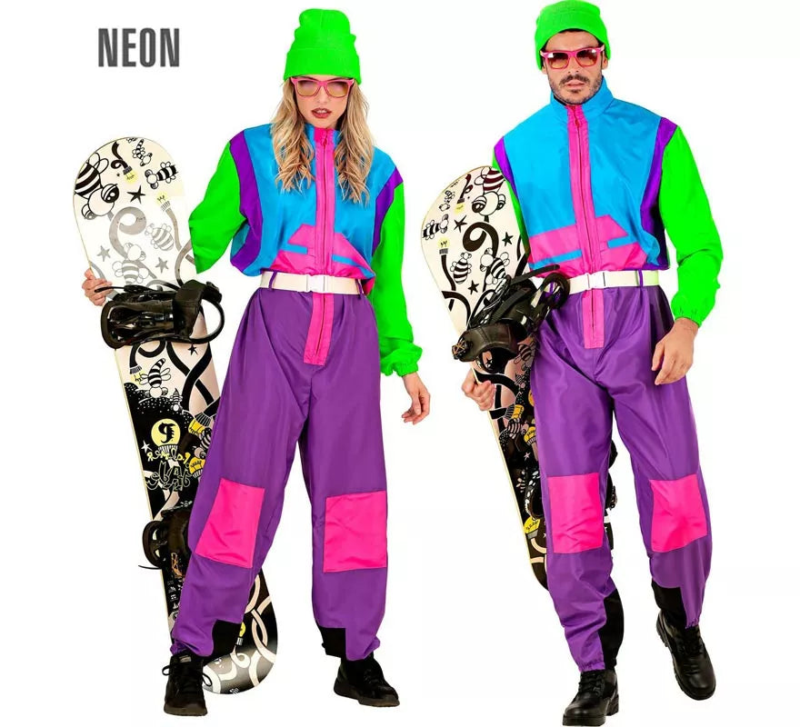 Translation missing: en.Disfraz de Snowboarder lila y verde fluorescente para adulto