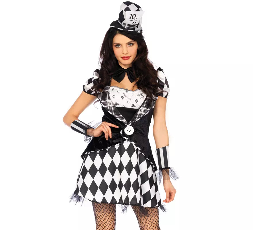 Disfraz de Sombrerera Loca Blanco y Negro para mujer