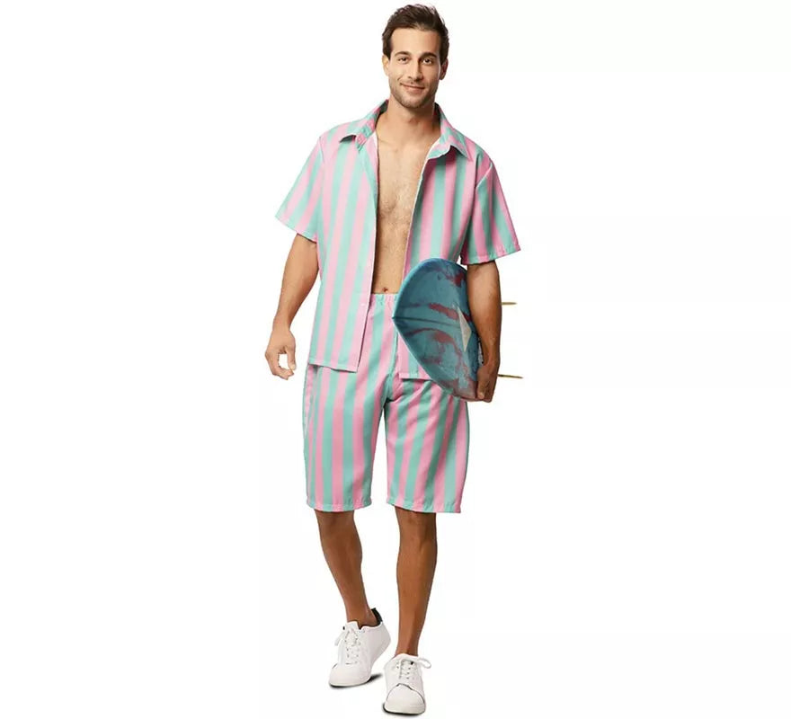 Disfraz de Surfista rosa y azul a rayas para hombre