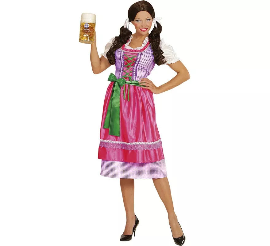 Disfraz de Tirolesa Dirndl rosa y verde con delantal para mujer