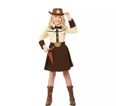 Beige and brown cowgirl costume with belt for girls