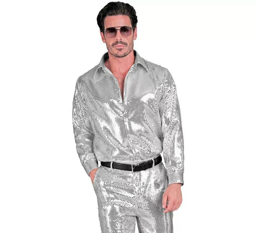 Disfraz o Camisa Moda plateada con lentejuelas para hombre