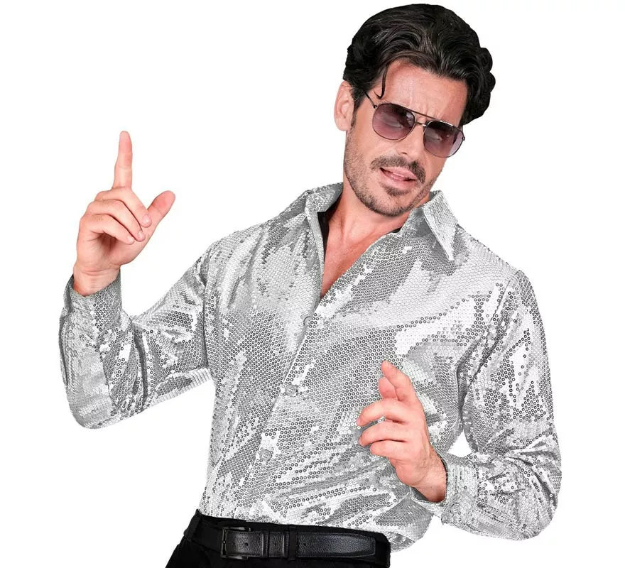 Disfraz o Camisa Moda plateada con lentejuelas para hombre