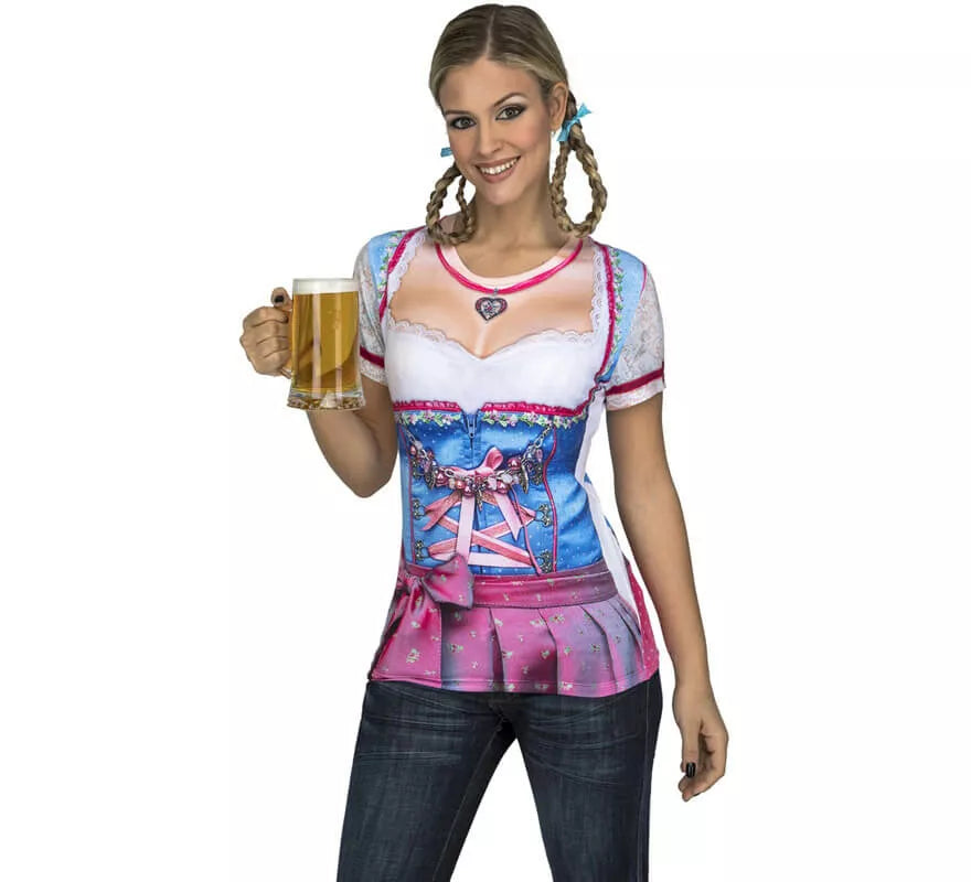 Camiseta disfraz de Tirolesa azul y rosa para mujer