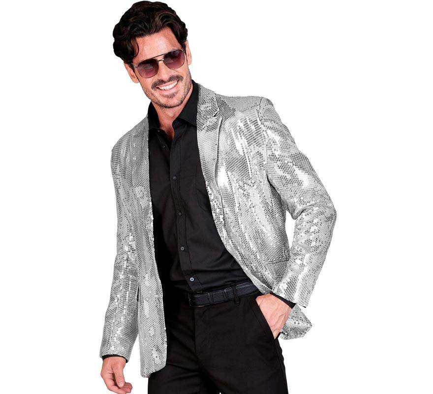Chaqueta de Moda Disco plateada con lentejuelas para hombre