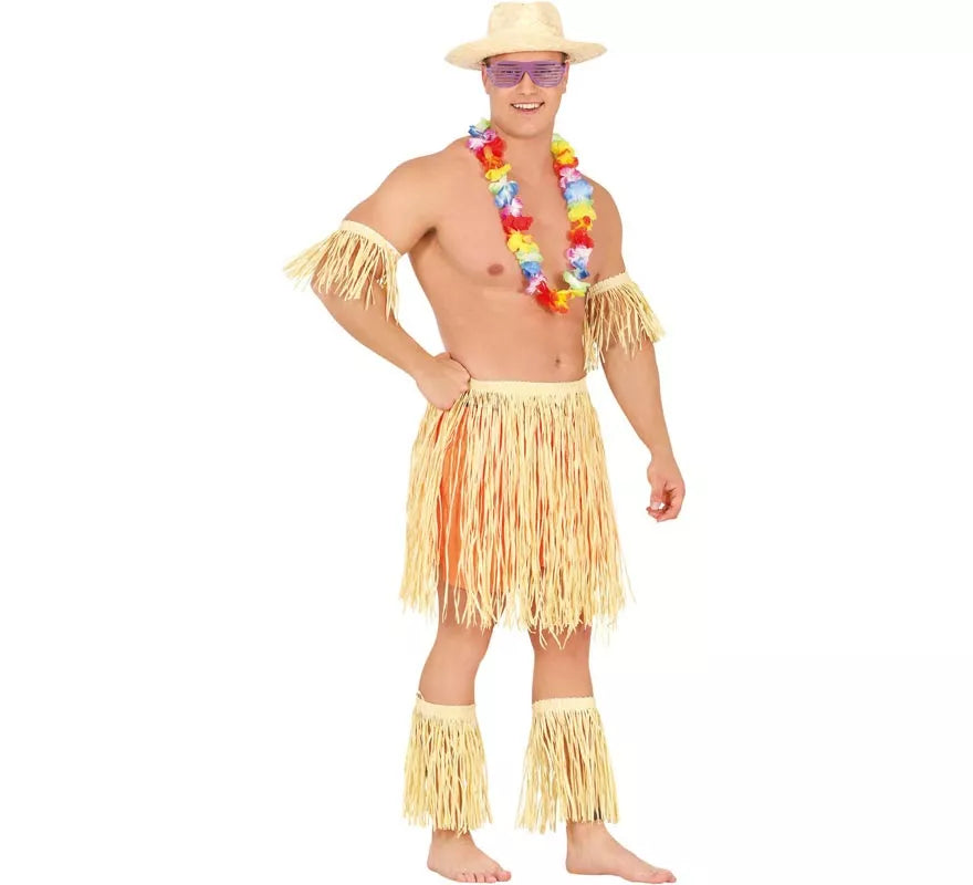 Disfraz o Kit de Hawaiano o Polinesio: Brazalete, Falda y Espinilleras