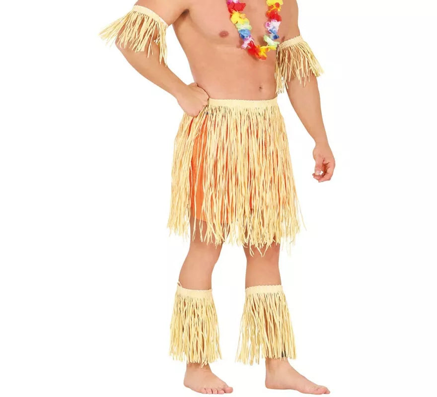 Disfraz o Kit de Hawaiano o Polinesio: Brazalete, Falda y Espinilleras