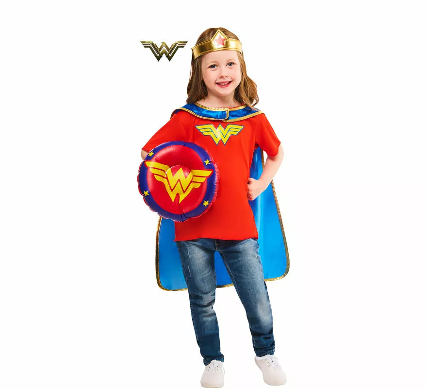 Translation missing: en.Disfraz o Kit de Wonder Woman para niña: Tiara, Capa, Escudo y Camiseta