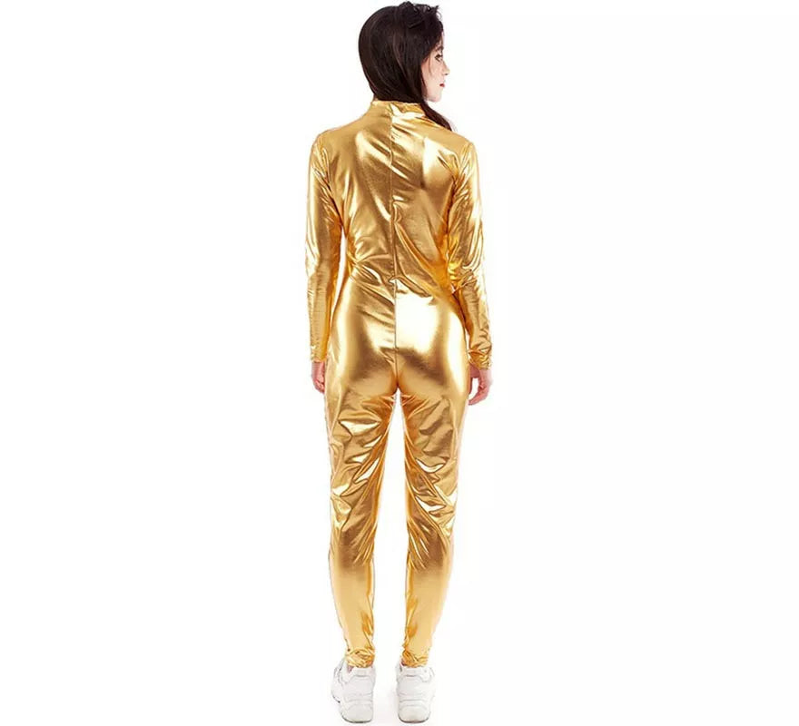 Disfraz o Mono metálico cierre frontal dorado para mujer