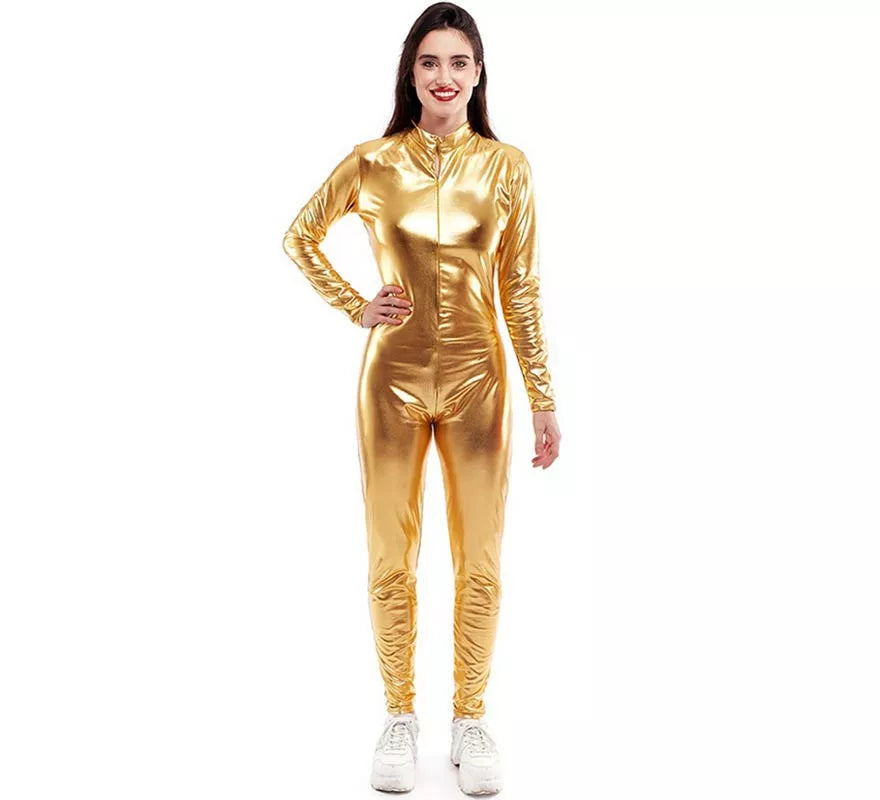 Disfraz o Mono metálico cierre frontal dorado para mujer