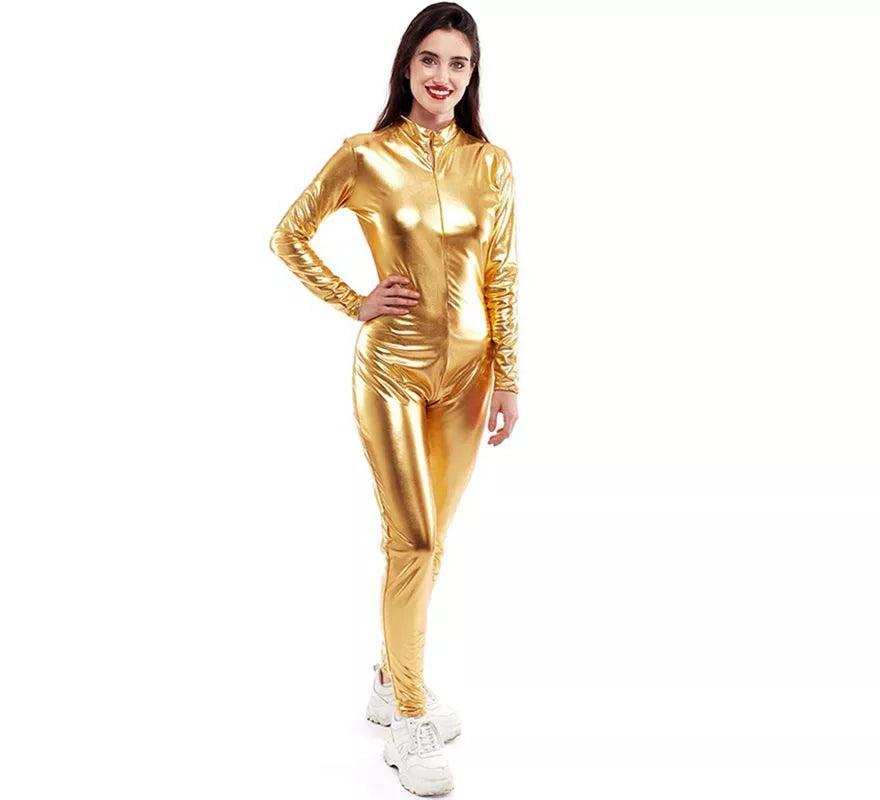 Disfraz o Mono metálico cierre frontal dorado para mujer