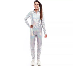 Holographic front closure metallic costume or jumpsuit for women