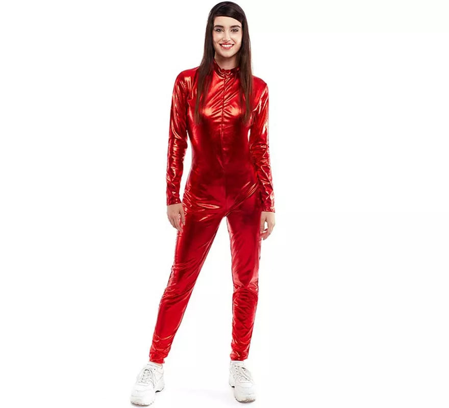 Disfraz o Mono metálico cierre frontal rojo para mujer