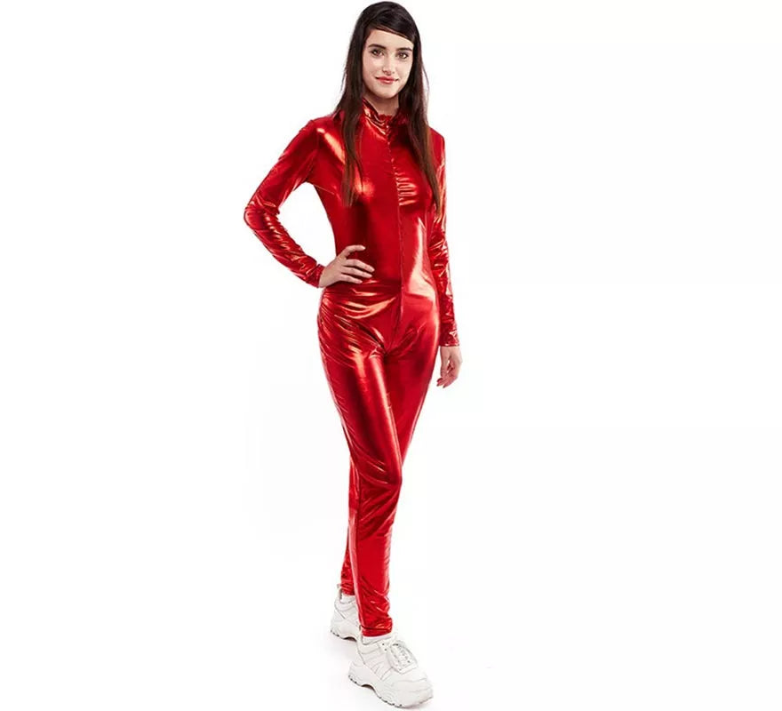 Disfraz o Mono metálico cierre frontal rojo para mujer