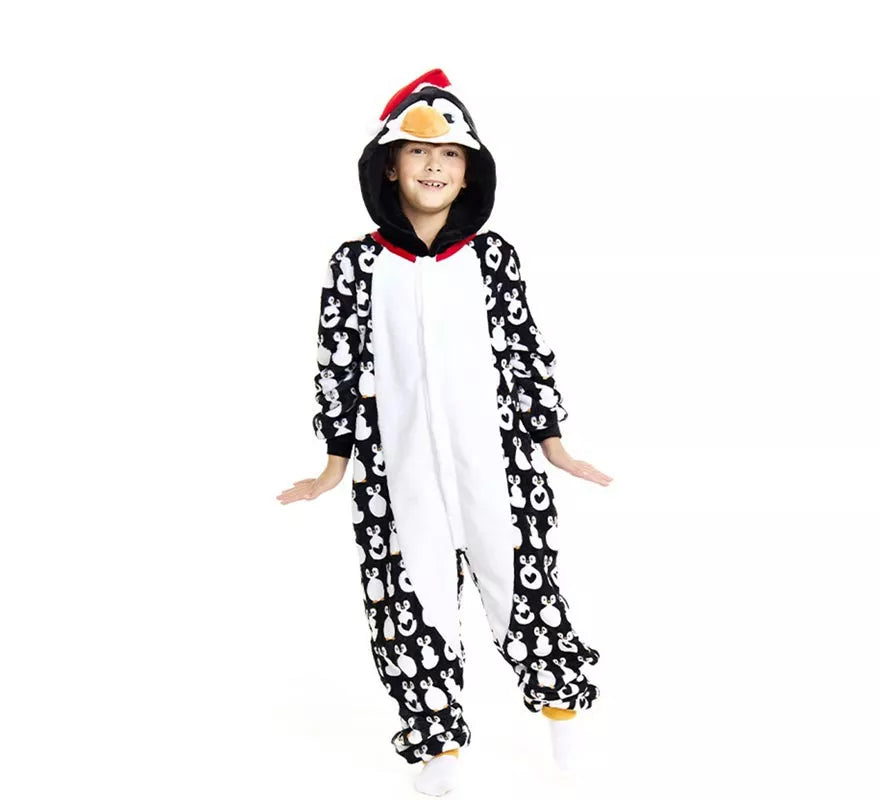 Disfraz o Pijama Pingüino Navideño estampado con capucha para niños