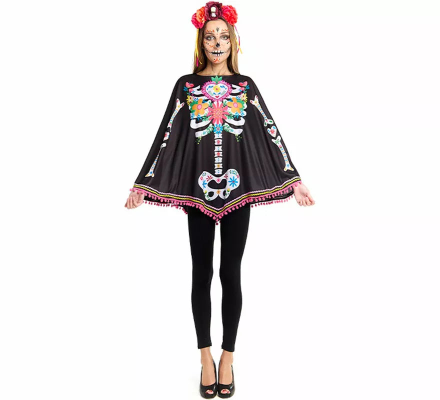 Disfraz o Poncho de Esqueleto Catrina para mujer