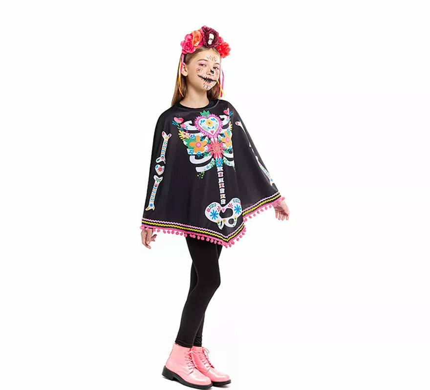 Disfraz o Poncho de Esqueleto Catrina para niña