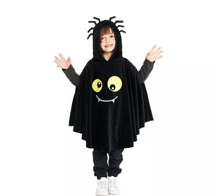 Disfraz o Poncho Spider negro con capucha para bebé y niños