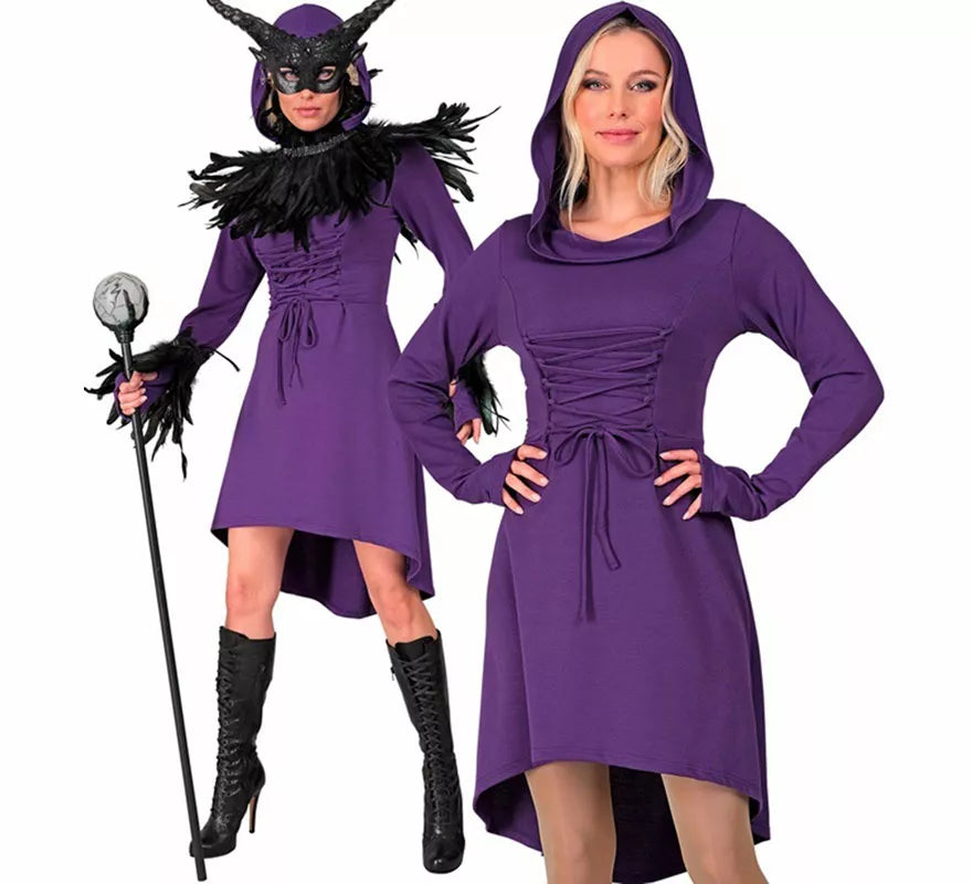 Disfraz o Vestido Medieval morado con Capucha para mujer