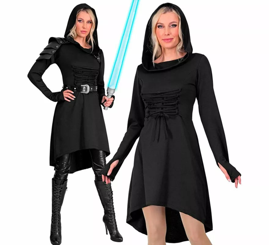 Disfraz o Vestido Medieval negro con Capucha para mujer