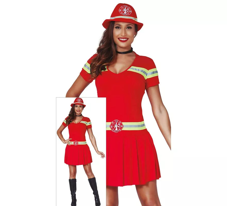 Disfraz para mujer de Bombera rojo con bandas reflectantes