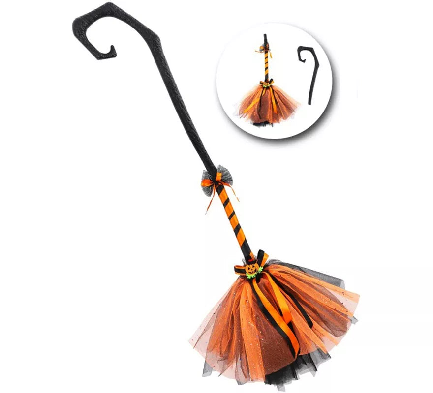 Escoba de Bruja Calabaza Negro y naranja 80 cm