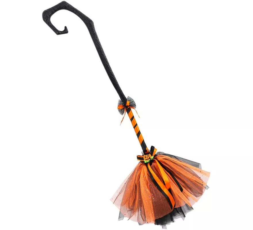 Escoba de Bruja Calabaza Negro y naranja 80 cm