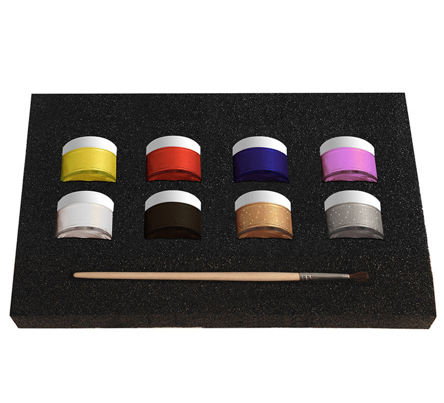 Set Maquillaje Líquido Fiesta: 8 colores x 10gr, pincel y folleto