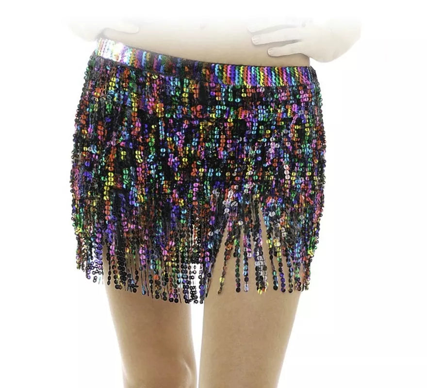 Translation missing: en.Falda con lentejuelas y flecos multicolor adulto