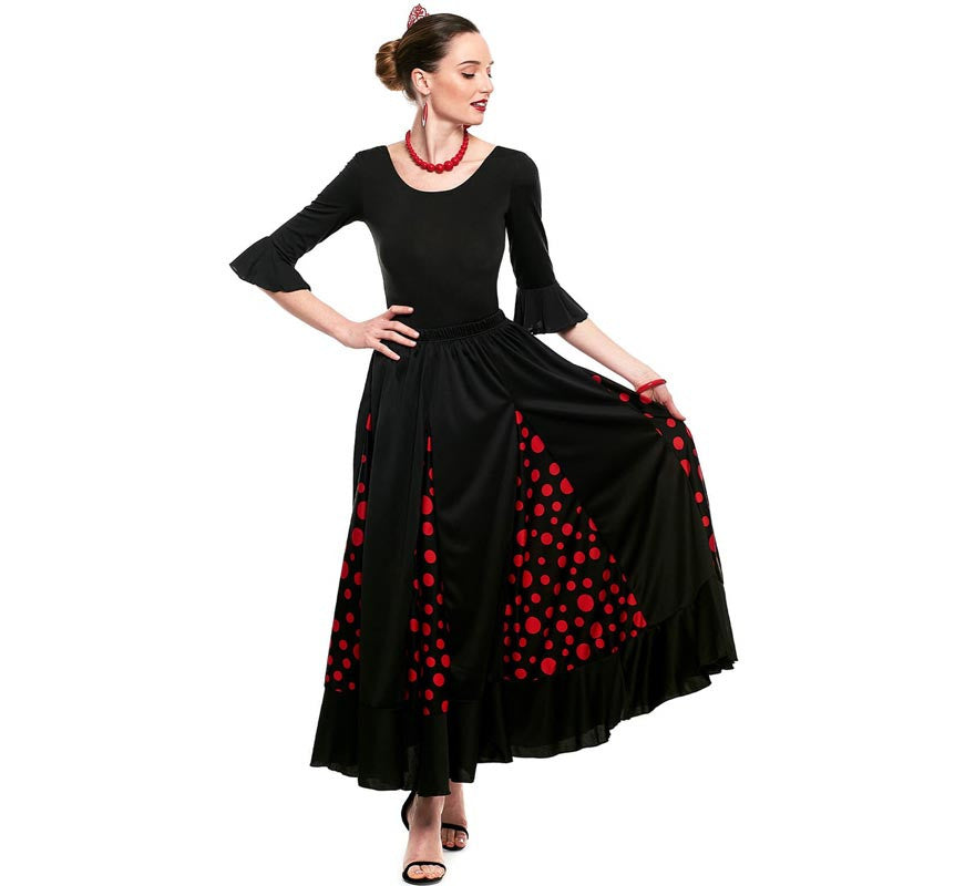 Translation missing: en.Falda Sevillana de Quillas negro con Lunar rojo para mujer