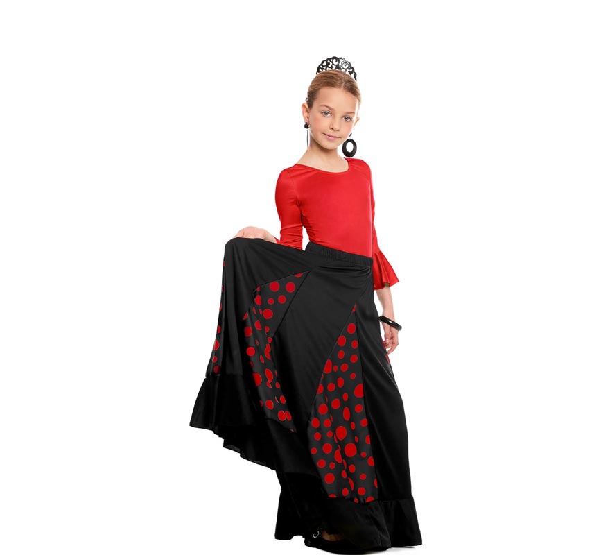 Falda Sevillana de Quillas negro con Lunar rojo para niña
