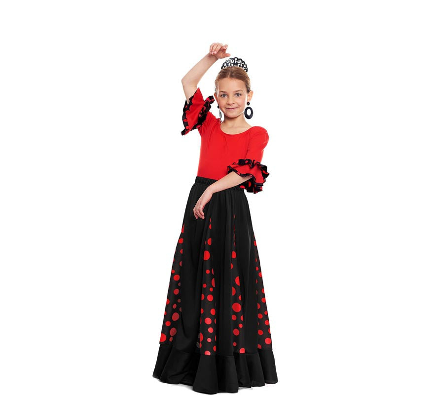 Translation missing: en.Falda Sevillana de Quillas negro con Lunar rojo para niña