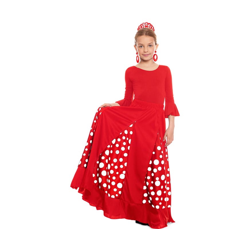 Falda Sevillana de Quillas roja con Lunar blanco para niña