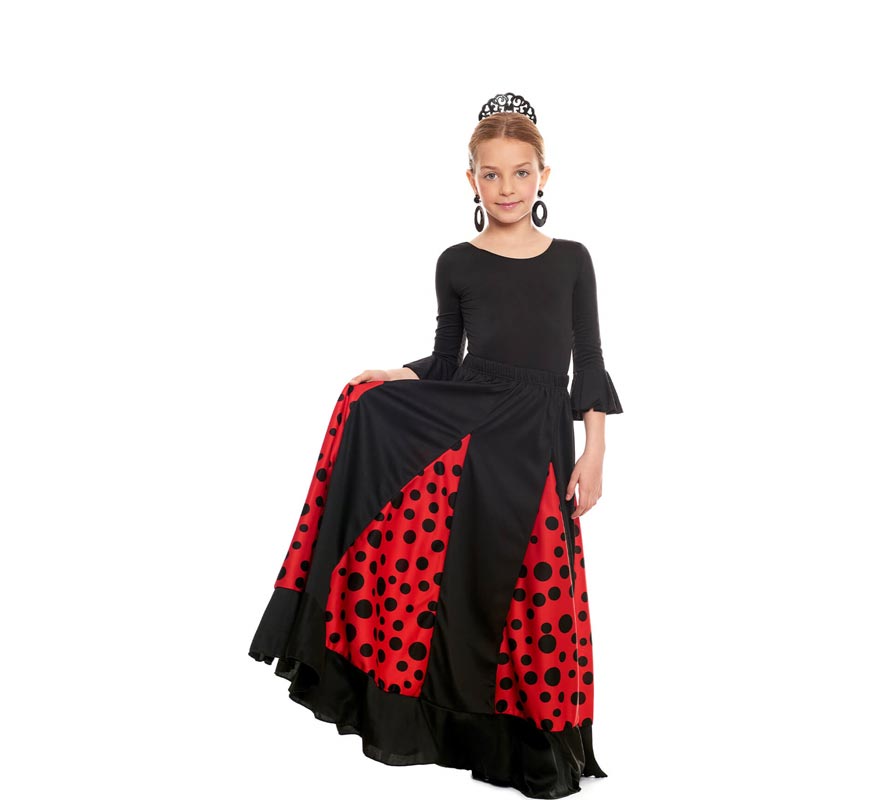 Falda Sevillana de Quillas negro y rojo con Lunar negro para niña